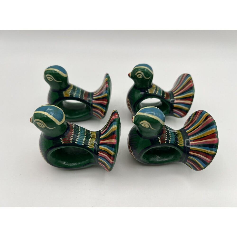 Hand Painted Art Pottery Colorful Folk Art Bird Napkin Rings South America